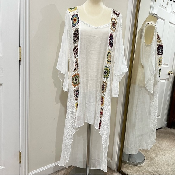 Odiva Tops - Swim Cover-Up with Crochet Accents white One Size Hi-Low Style Sheer